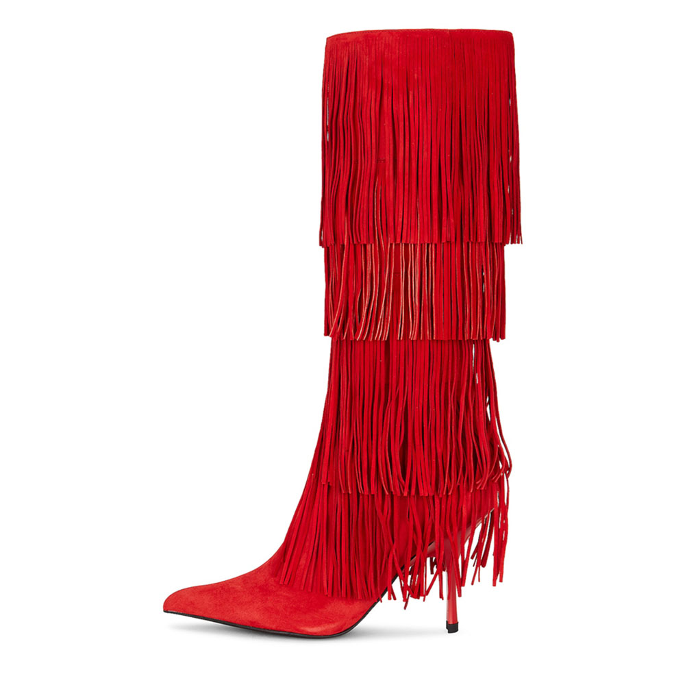 Red Vegan Suede Stiletto Fringe Detail Knee High Boots