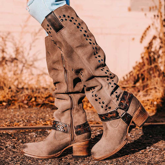 Taupe Faux Suede Square Toe Chunky Heel Studded Knee High Boots