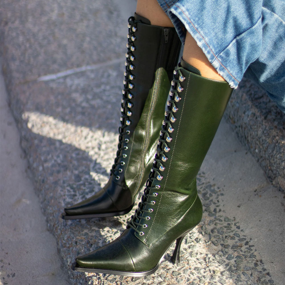 Dark Green Pointed Toe Tie-Up Spool Heel Zipper Mid Calf Boots