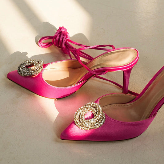 Hot Pink Pointed Toe Stiletto Heels Satin Rhinestone Strappy Pumps