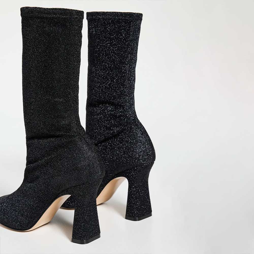 Black Metallic Knit Chunky Heel Mid Calf Boots with Gold-Tone Toe Cap
