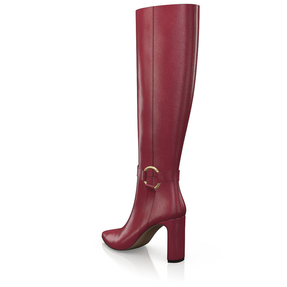 FSJ Burgundy Pointed Toe Heeled Knee High Boots with Ring Buckle