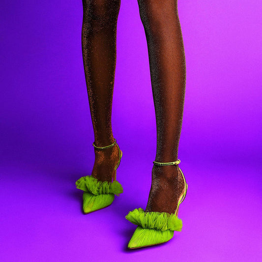 Elegant Green Pleated Tulle Pointed Toe Rhinestone Ankle Strap Heels