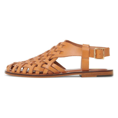 Comfy Square Toe Mustard Brown Woven Buckle Flat Sandals for Women