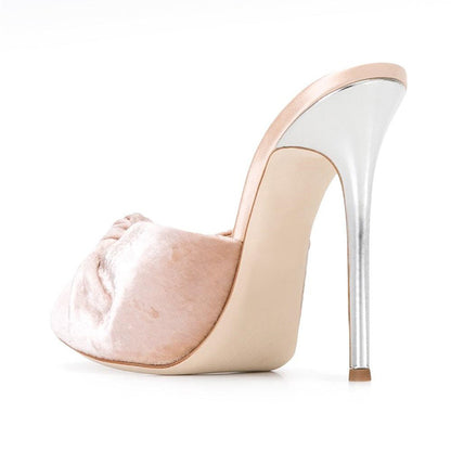 Blush Velvet Mule Heels Peep Toe Knotted Stiletto Shoes