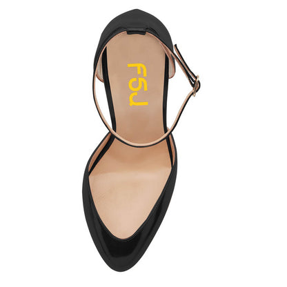 Women's Patent Leather Low Cut Ankle Strap Stiletto Heel Black Pumps