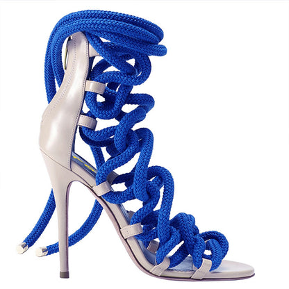 Cobalt Blue Strappy Stiletto Heels Open Toe Sexy Rope Sandals