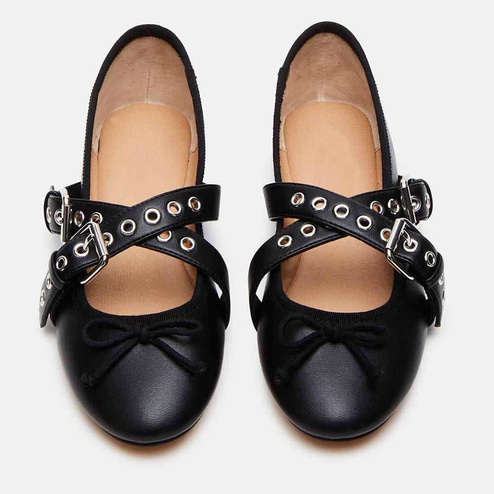 Black Round Toe Grommet Buckle Strap Lace Up Flats with Bowknot