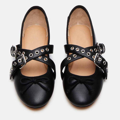 Black Round Toe Grommet Buckle Strap Lace Up Flats with Bowknot