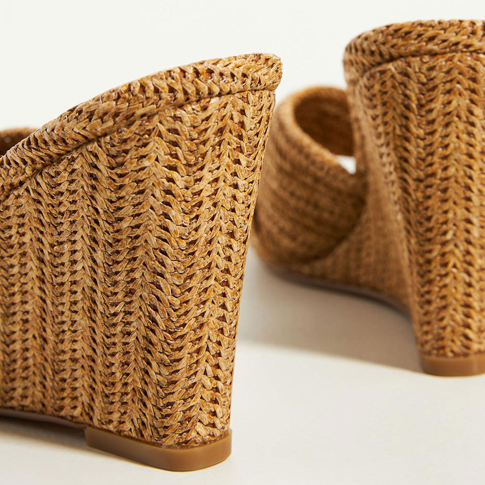 Woven Raffia Square Toe Twist Band Wedge Heel Mules Sandals in Brown