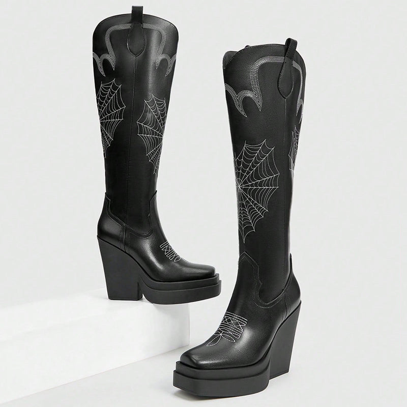 Black Sewed Halloween Square Toe Chunky Heel Platform Knee High Boots