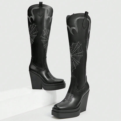 Black Sewed Halloween Square Toe Chunky Heel Platform Knee High Boots
