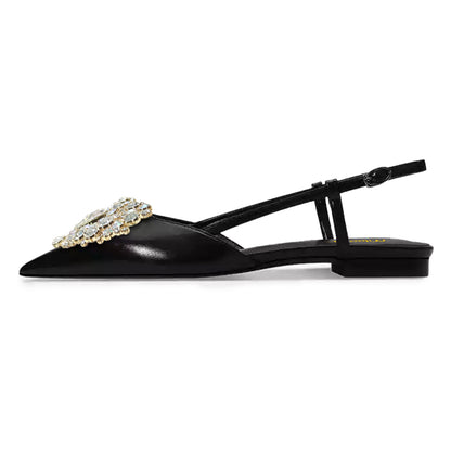 Women's Rhinestone Heart-Shaped Pointed Toe Black Slingback Flats