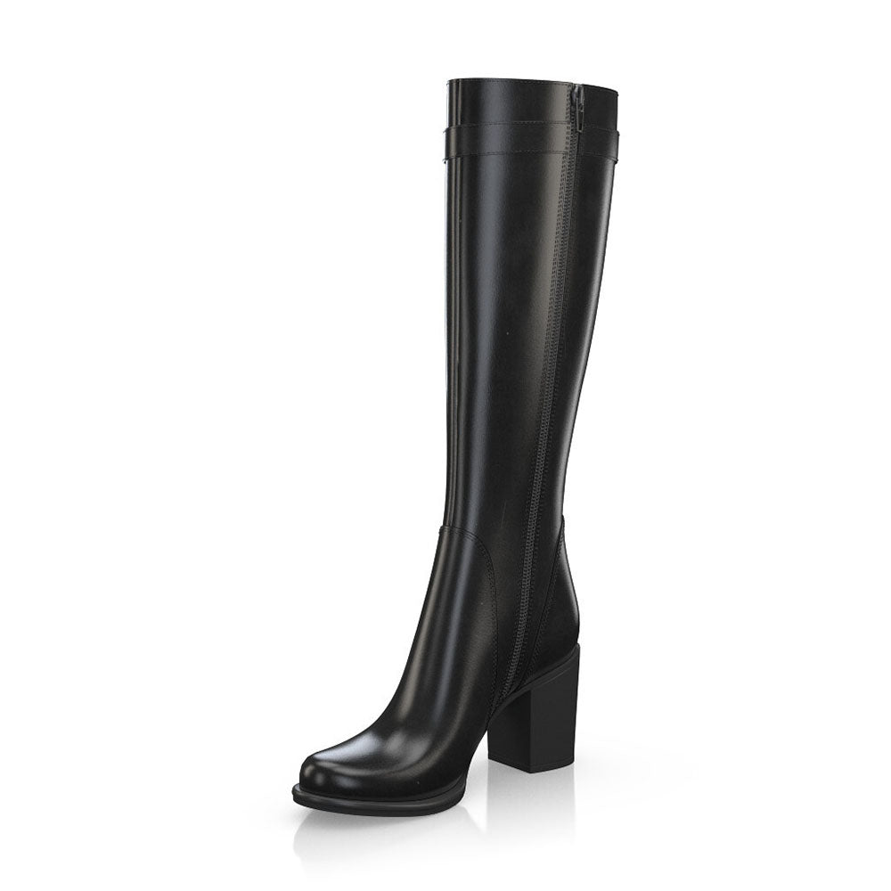 Black Round Toe Gold Metal Buckle Knee High Boots with Block Heels