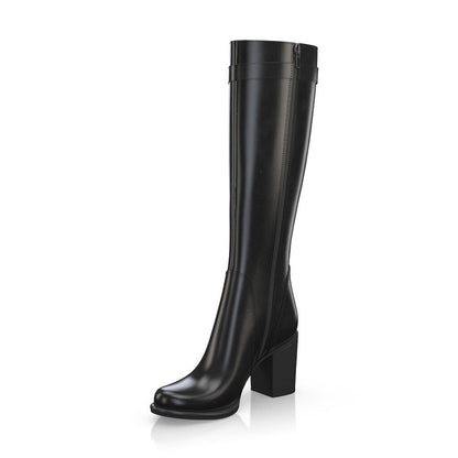 Black Round Toe Gold Metal Buckle Knee High Boots with Block Heels