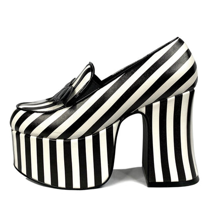 Black & White Stripes Chunky Heel Platform Loafers with Bat Decor