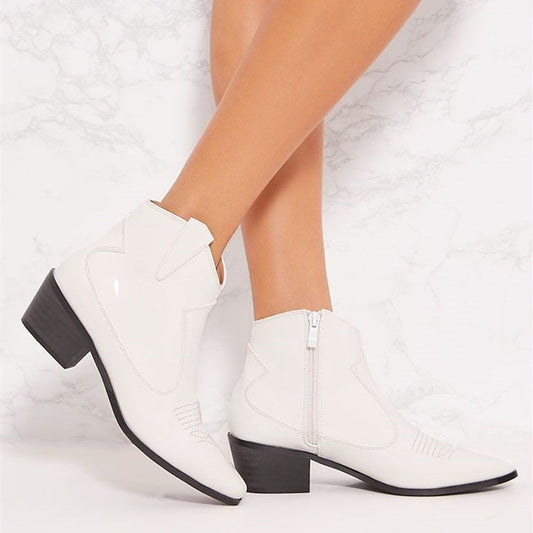 Women's White Patent Leather Closed Toe Block Heel Short Western Boots