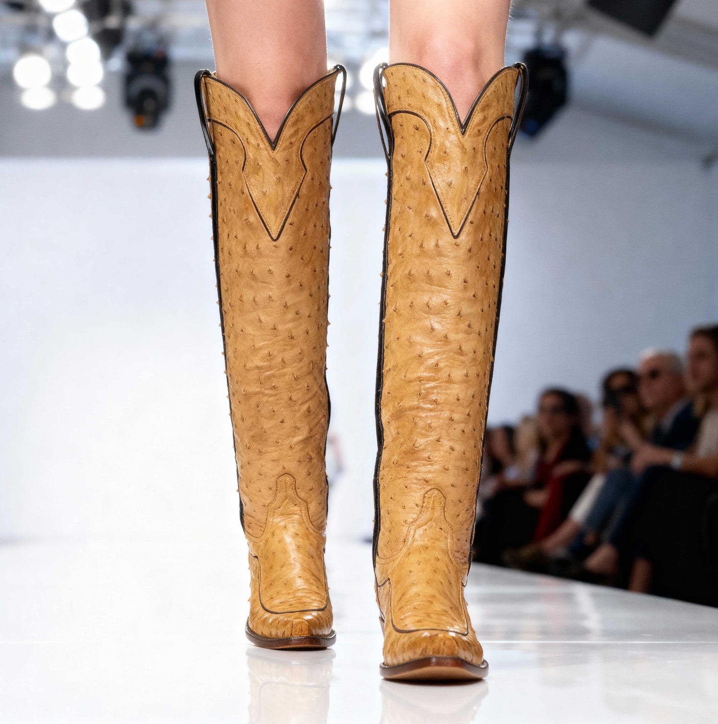 Yellow Ostrich Embossed Snip Toe Chunky Heel Western Boots for Women
