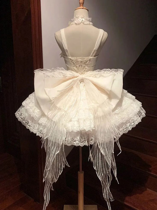 Vintage Beige 3D Flower Bow Design Lace Tulle Tiered Homecoming Dress TP3954