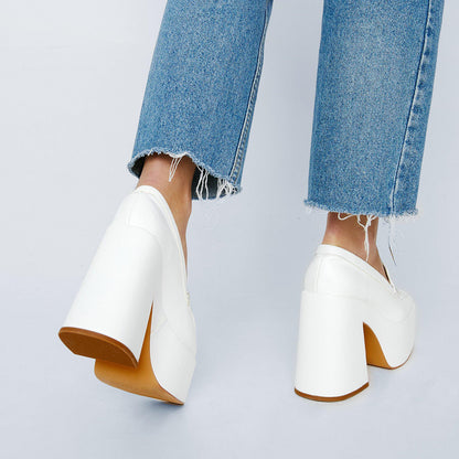 White Square Toe Chunky Heel Slip-On Platform Loafers