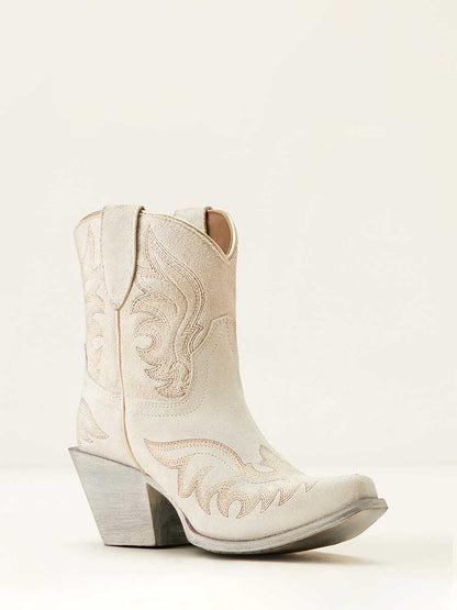 White Faux Suede Snip Toe Embroidered Block Heel Cowgirl Ankle Boots