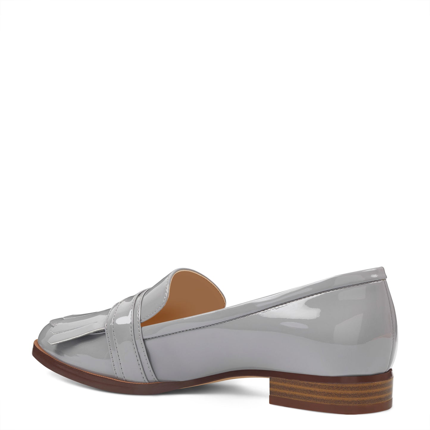 Gray Patent Leather Closed-Toe Fringe Women's Loafers with Buckle