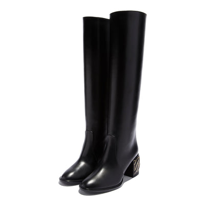 Classic Black Round Toe Decorative Block Heel Knee High Boots
