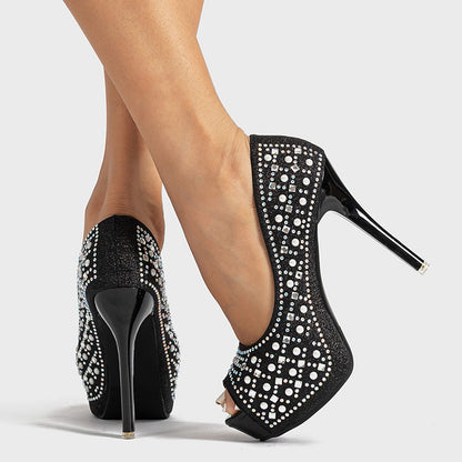 Women's Platform Stiletto Heels Elegant Peep Toe Rhinestone Pumps