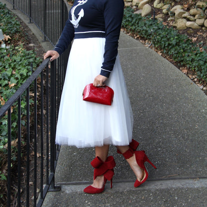 Red Vegan Suede Stiletto Heels Pointy Toe Ankle Strap Pumps with Bow