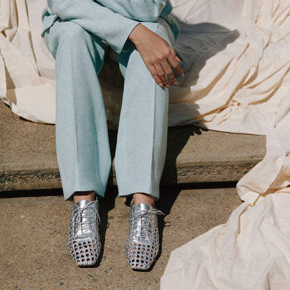 Silver Vegan leather Square Toe Lace-Up Woven Flat Lady's Shoes