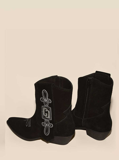 Black Vegan Suede Chunky Heel White Embroidered Cowgirl Ankle Boots