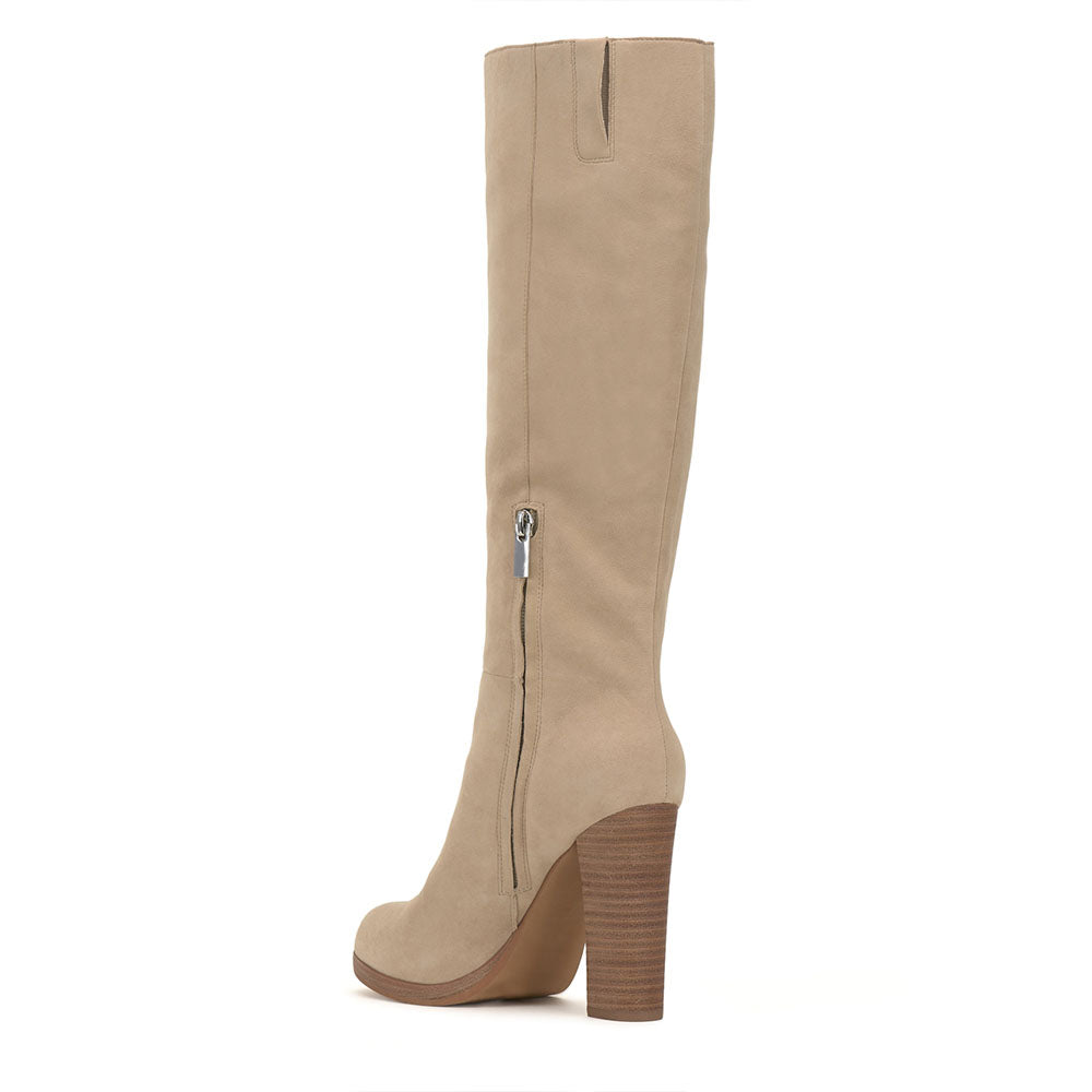 FSJ Nude Round Toe Vegan Suede Knee High Boots with Block Heel