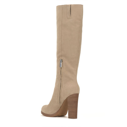 FSJ Nude Round Toe Vegan Suede Knee High Boots with Block Heel