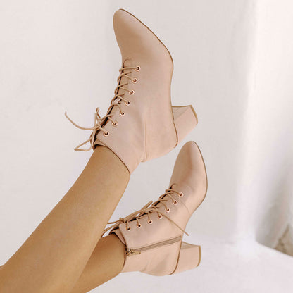Beige Vegan Leather Pointed Toe Chunky Heel Lace-Up Ankle Boots