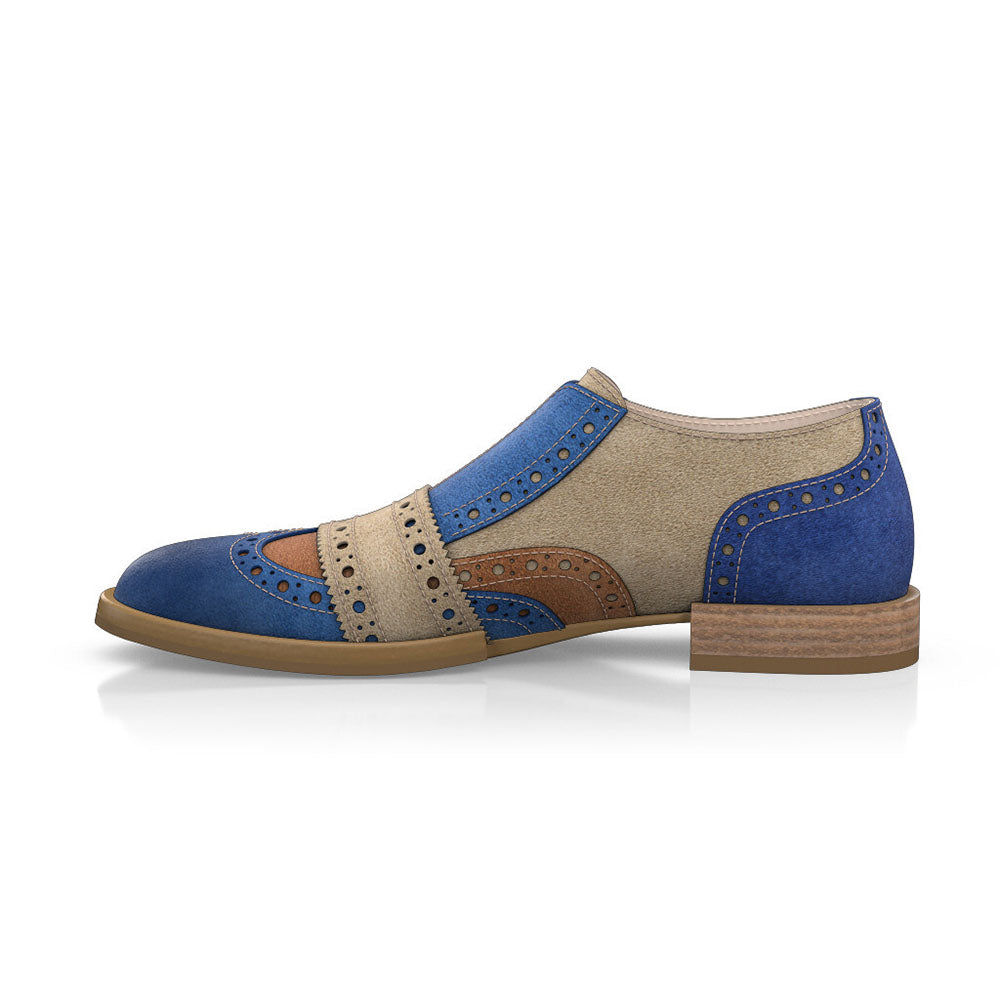 Blue & Khaki Vegan Suede Women's Loafers Brogue Vintage Shoes