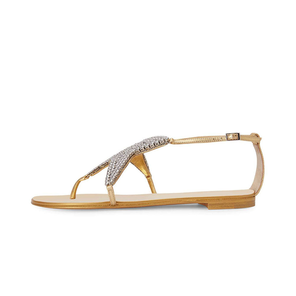 FSJ Metallic Gold Thong Sandals Crystal Star Ankle Strap Flats