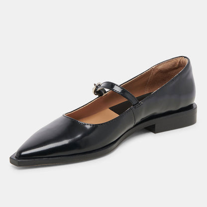 Black Patent Leather Pointed Toe Mary Jane Flats with Buckle Strap