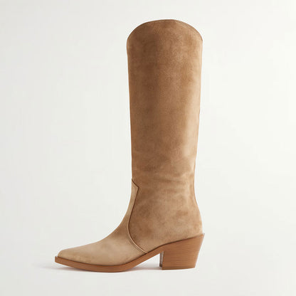 Light Brown Vegan Suede Pointed Toe Chunky Heel Knee High Boots