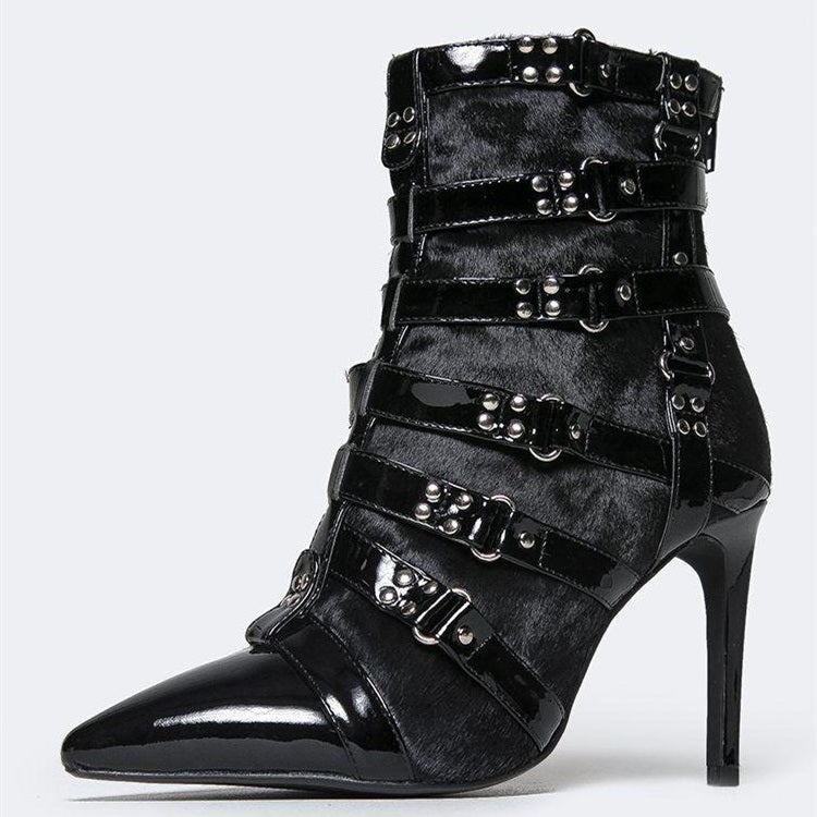 Black Faux Fur Patchwork Buckle Strap Studded Heeled Ankle Boots