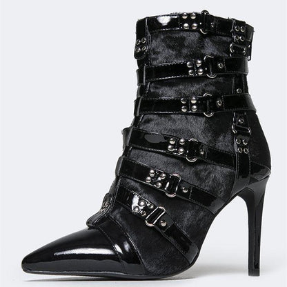 Black Faux Fur Patchwork Buckle Strap Studded Heeled Ankle Boots