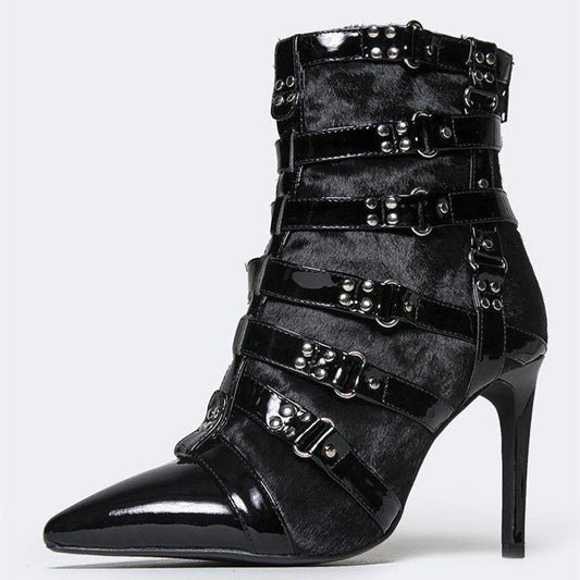Black Faux Fur Patchwork Buckle Strap Studded Heeled Ankle Boots