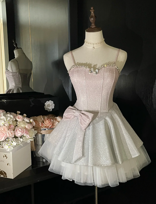 New Simple Pink Sequin A-line Tulle Short Homecoming Dresses TP3922