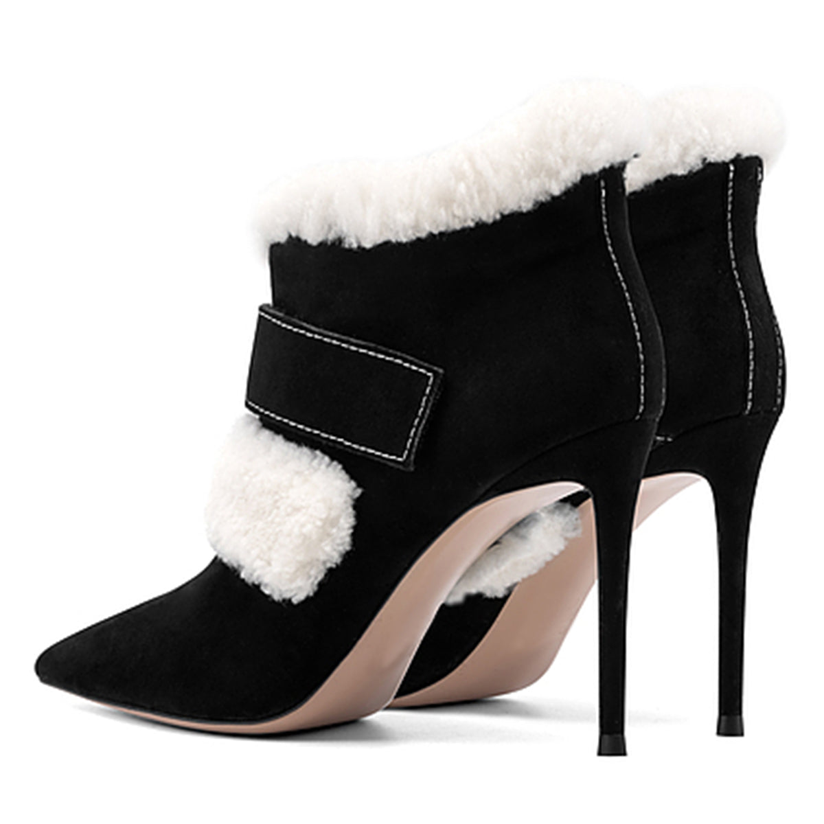 Black & White Pointed Toe Stiletto Heel Faux Fur Ankle Boots for Women