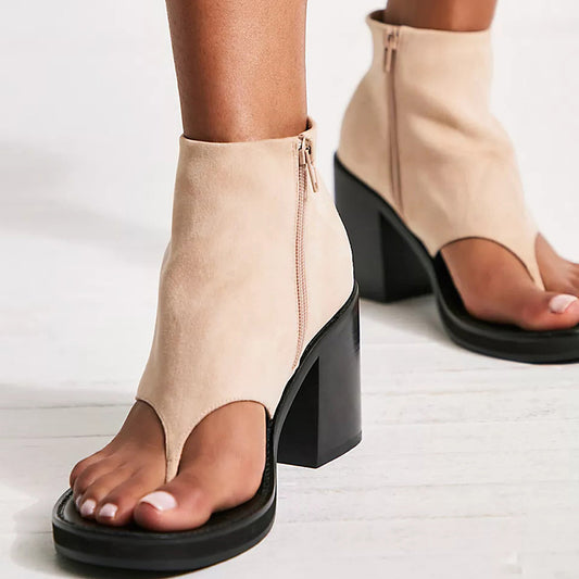 Women's Beige Vegan Suede Open-Toe Chunky Heel Summer Ankle Boots