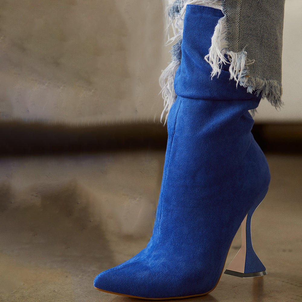 Blue Ankle Boots Pointed Toe Boots Spool Heel