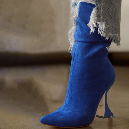Blue Ankle Boots Pointed Toe Boots Spool Heel