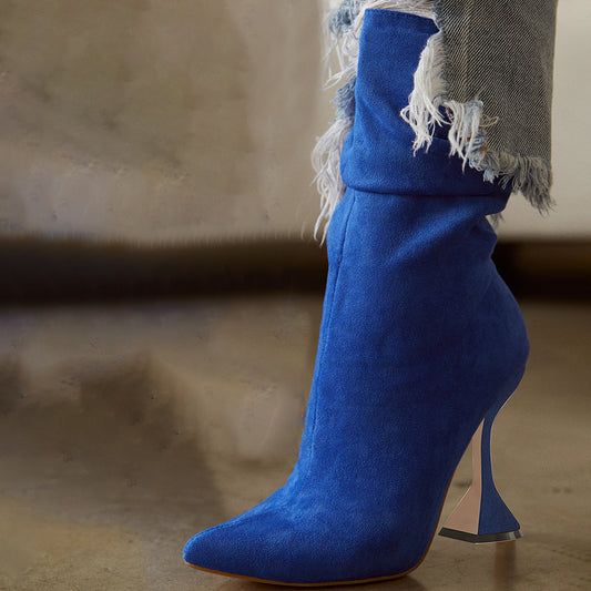 Blue Ankle Boots Pointed Toe Boots Spool Heel