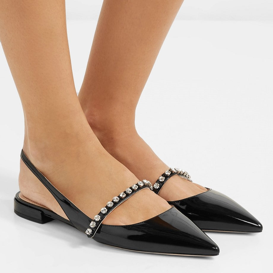 Black Pointed Toe Rhinestone Embellished Slingback Flats for Women