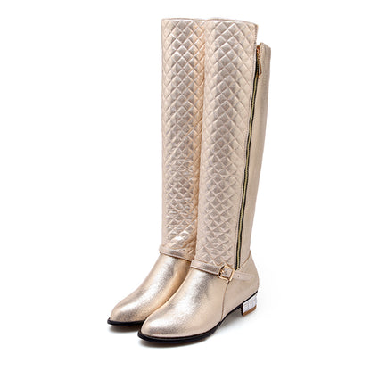 Champagne Round Toe Flats Quilted Zipper Knee High Boots