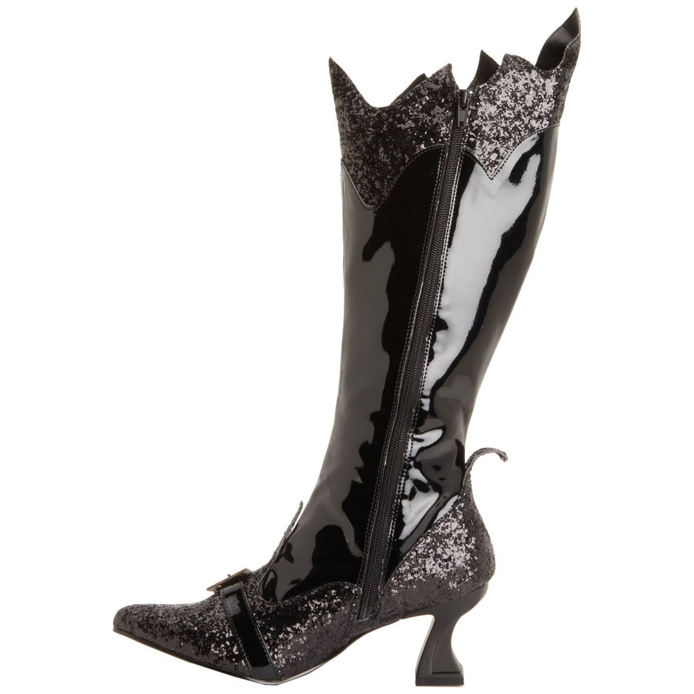 Black Glitter Witch Costumes Halloween Spool Heel Mid-Calf Boots